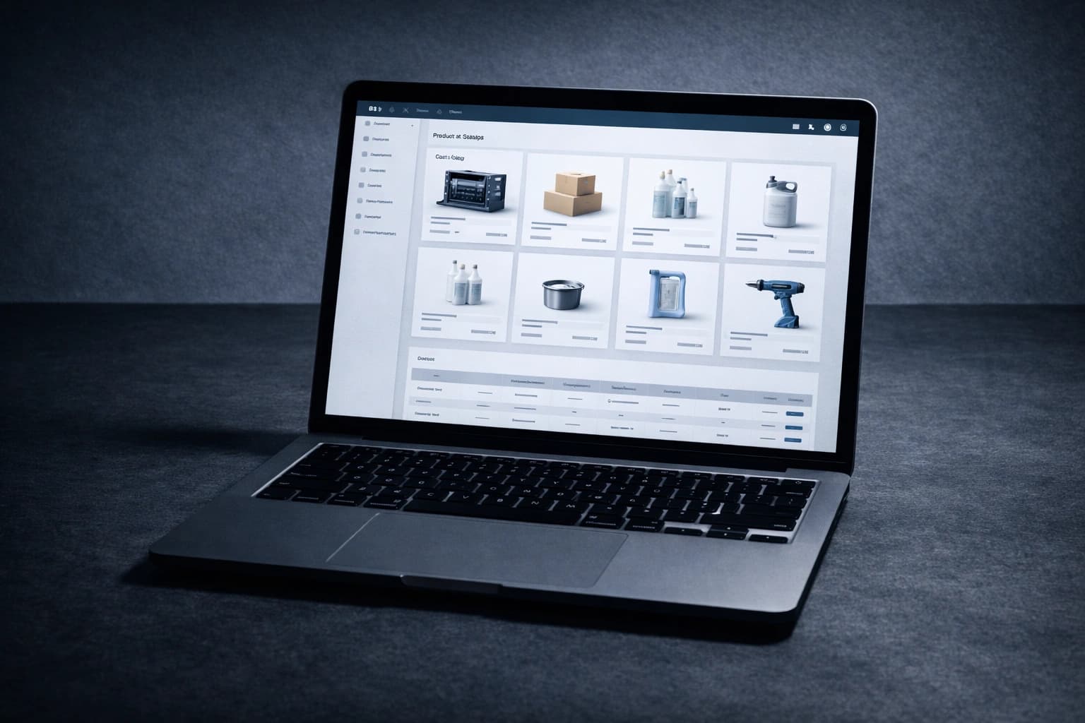 Dark mode B2B dealer ordering portal dashboard showing product catalog and order management interface