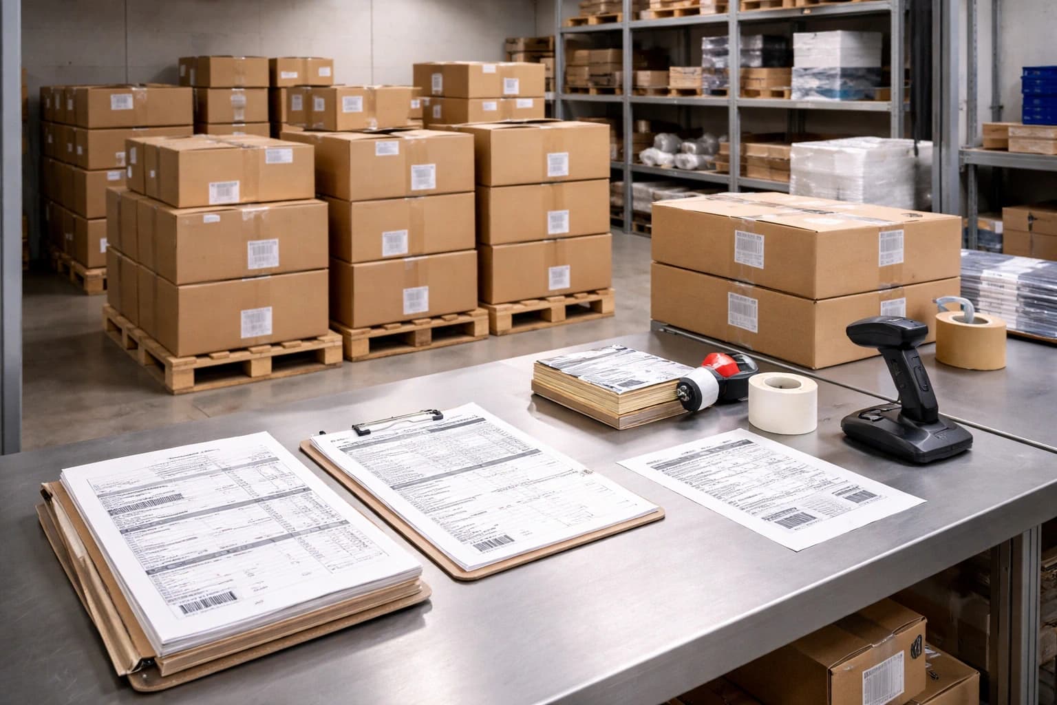 Warehouse packing desk with printed invoices, a clipboard and a barcode scanner in front of stacked cartons, the paperwork every distributor re-priced when GST 2.0 rates took effect
