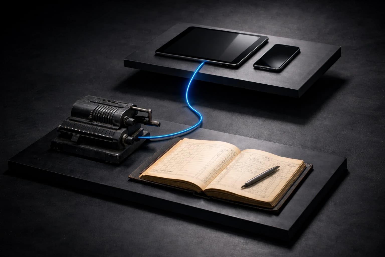 An old adding machine and a paper ledger on a lower platform, linked by a glowing cable to a tablet and phone on a raised platform, showing a distributor moving from traditional books to connected digital ordering